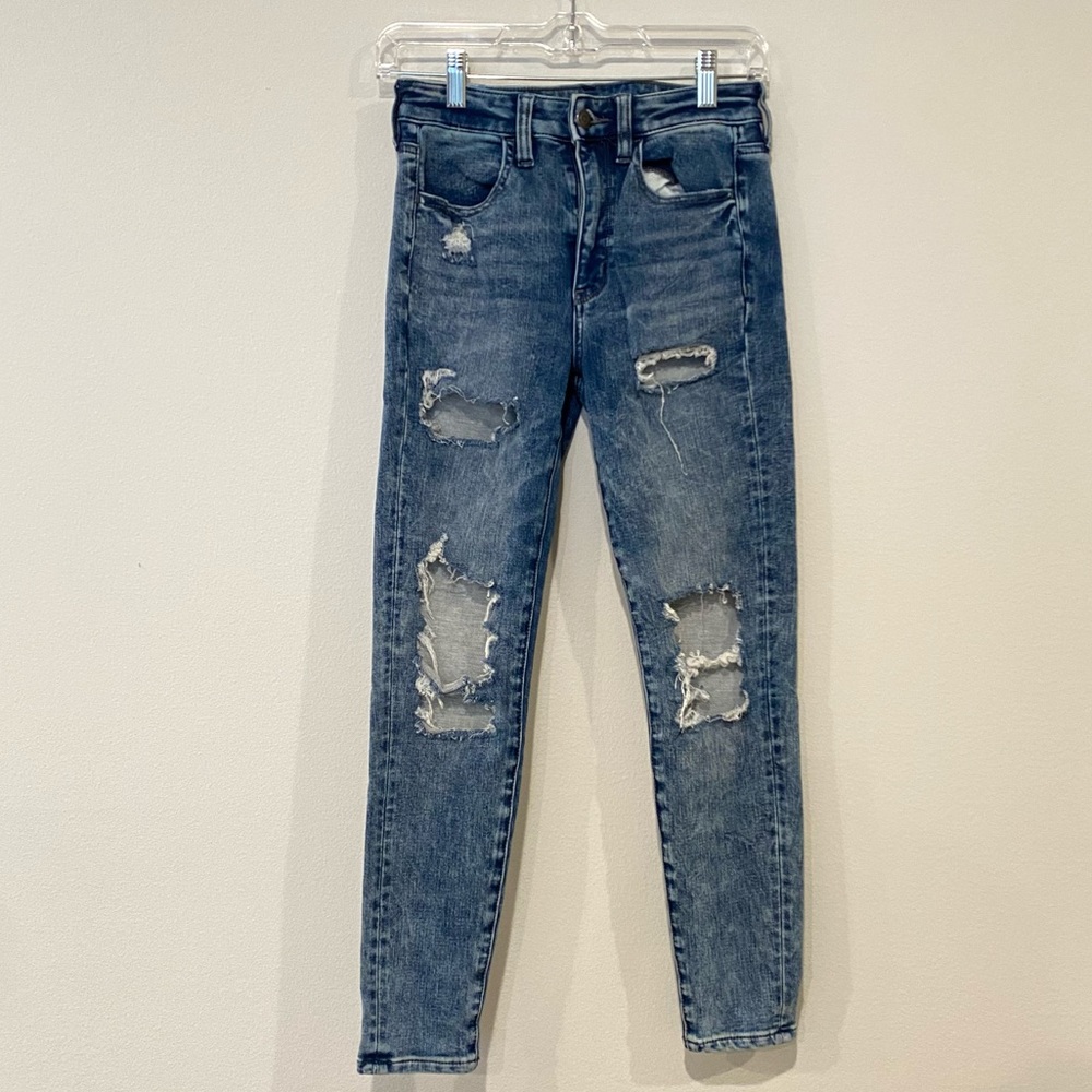 American Eagle Super Hi-Rise Distressed Blue Jeggings Size 4 Short
